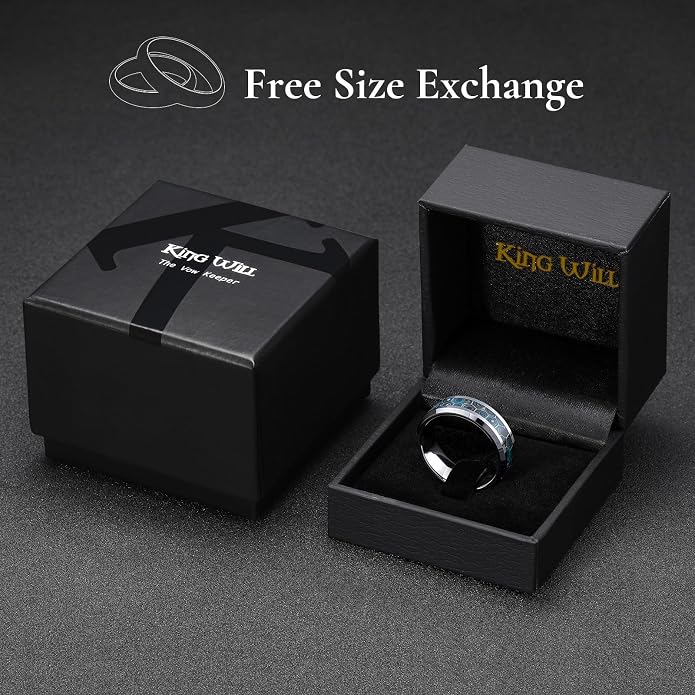 King Will Mens 8mm Black Silver Tungsten Rings, Men's Wedding Rings Fishing Line Inlay Beveled Edge Ring for Men Women, Comfort Fit, Durable