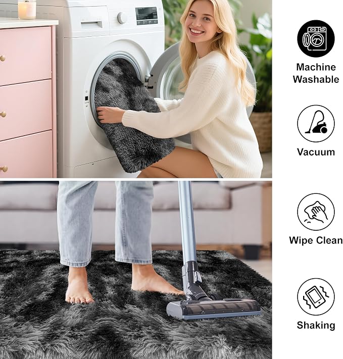 2x8 ft Plush High Pile Black Tie-Dyed Rug Fluffy Soft Runner Bedside Rug for Bedroom Living Room Hallway Nursery Kids Home Decor Shag Carpet