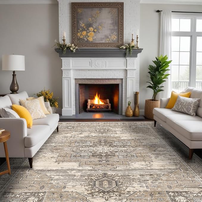 RUUGME Washable 9x12 Area Rug - Rugs for Living Room Bedroom Dining Room Non-Slip Vintage Rugs More Durable and Incredibly Soft Great Home Decor (9x12 Beige)