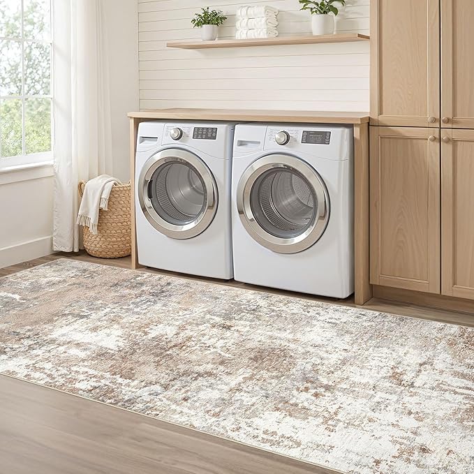 Runner Rug Kitchen Washable Rugs: 2x5 Non-Slip Abstract Soft Modern Stain Resistant Indoor Floor Neutral Accent Throw Carpet for Hallway Bathroom Laundry Room Entryway Bedroom- Brown