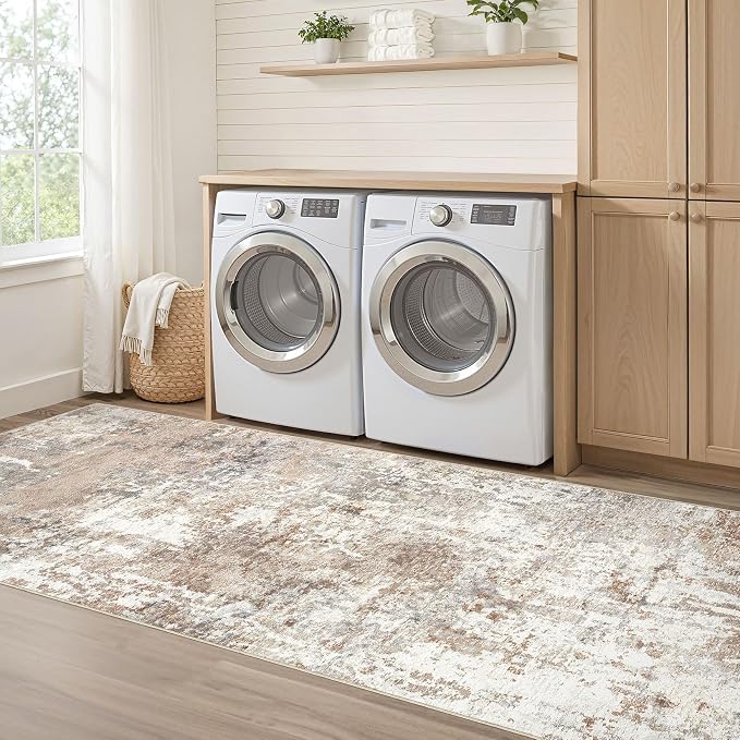 Runner Rug Kitchen Washable Rugs: 2x10 Non-Slip Abstract Soft Modern Stain Resistant Indoor Floor Neutral Accent Throw Carpet for Hallway Bathroom Laundry Room Entryway Bedroom- Brown