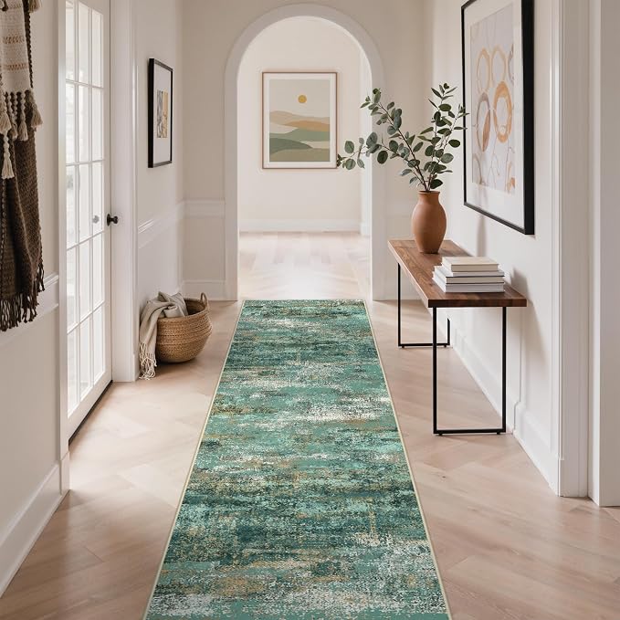 GENIMO Runner Rug Non Slip 2x10, Washable Rug Runner for Hallways Kitchen, Abstract Modern Kitchen Rugs, Low Pile Lightweight Carpet Runners for Entryway, Bedroom, Laundry, Turquoise