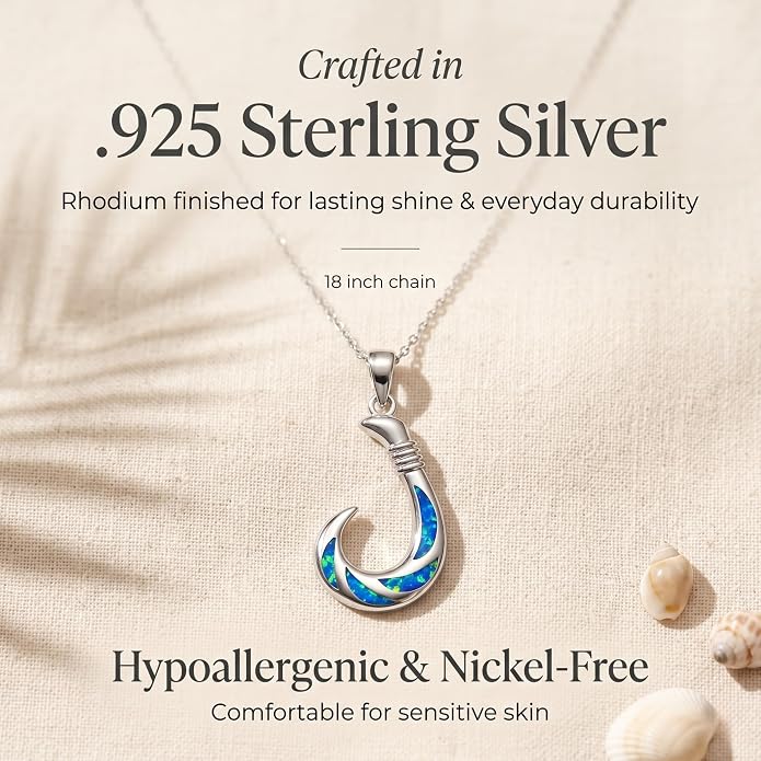Created Blue Opal Ocean Necklace for Women, 925 Sterling Silver Pendant, 18 Inch Chain, Beach and Sea Life Jewelry Collection