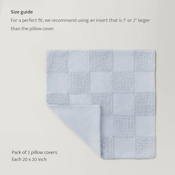 Double Stitch Checkered Throw Pillow Covers - 100% Cotton Set of 2 Tufted Boho Decorative Pillow Covers 20x20, Made in India, Square Cushion Case, Modern Home Decor for Couch, Sofa, Arctic Blue
