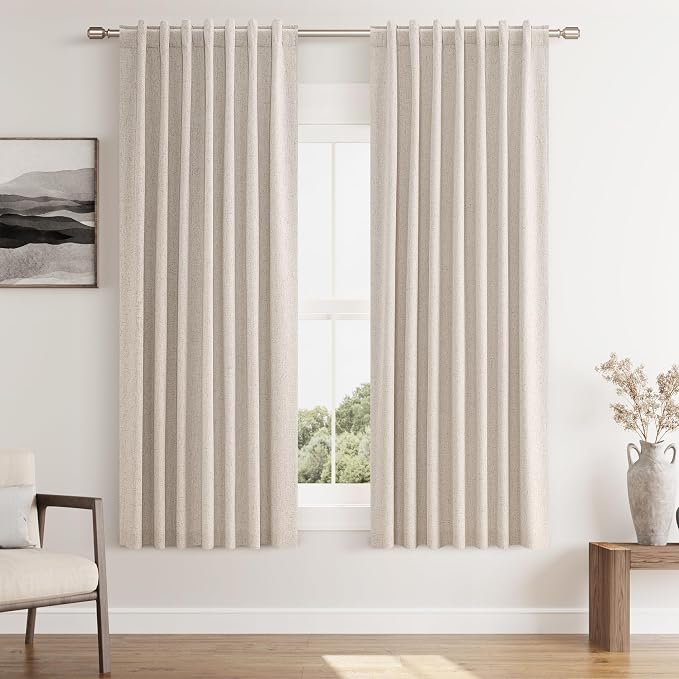 Guken Oatmeal 100% Blackout Linen Curtains 63 Inch Length 2 Panels Set for Living Room Bedroom Back Tab Thermal Insulated Black Out Drapes Room Darkening Farmhouse Window Curtains 63 Inches Long