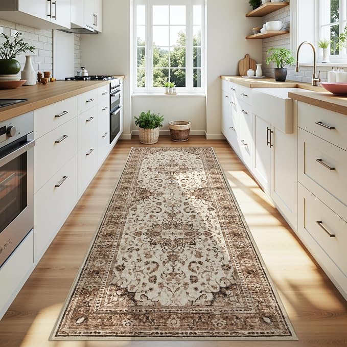 Joydeco Washable 2x6 Hallway Runner Vintage, Beige & Blue & Reddish-Brown | Water Resistant Low Pile Non Slip Backing for Kitchen Entryway Bedroom Bathroom Dining Room