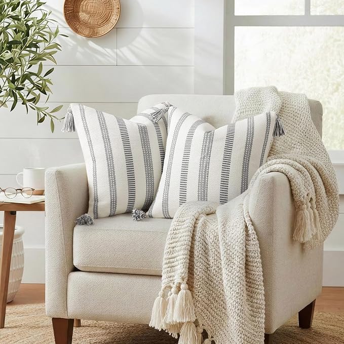 Smile Bee Boho Outdoor Couch Throw Pillow Covers Set of 2 Decorative Thick Woven Striped Accent Neutral Pillow Covers with Tassels for Bed Sofa Home Decor 20x20 Inch, Grey and Cream White | Woven Cozy Boho Decorative Modern Farmhouse Accent Pillow Case...