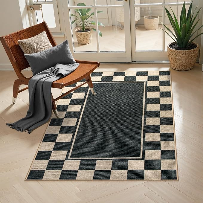Moynesa Easy Jute Rug Checkered Outdoor Patio Rug 3x5, Washable Rugs for Entryway Non Slip Bordered, Indoor Outdoor Carpet for Living Room Bedroom Kitchen Farmhouse Backyard, Black