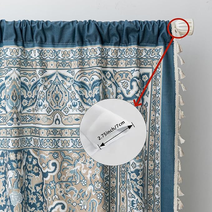Blue Medallion Curtains 102 Inches Long, Boho Farmhouse Light Filtering Rod Pocket Drapes with Tassel Trim for Bedroom Living Room, 2 Panels