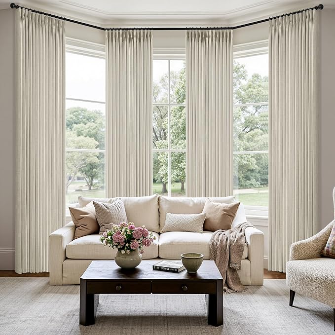 MIULEE Pinch Pleated Thick Linen Curtains 90 Inch 4 Panels Set Back Tab Memory Trained Pinch Pleat Semi Sheer Light Filtering Privacy Curtain Let Light in Window Drapes for Living Room Bedroom Cream