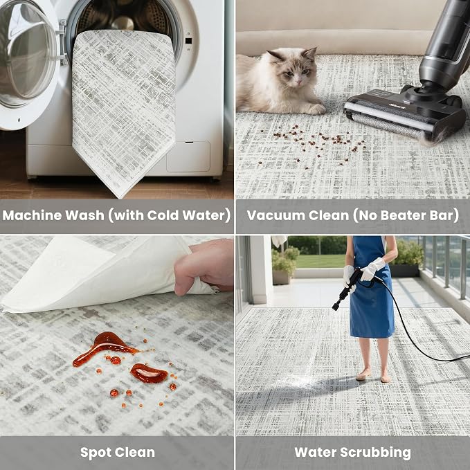 6x9 Area Rugs Washable Rug: Anti-Skid Abstract Modern Living Room Rug Soft Thin Carpets Indoor Floor Non-Shedding Carpet for Bedroom Dining Farmhouse Nursery Home Office (White Gray, 6'x9')