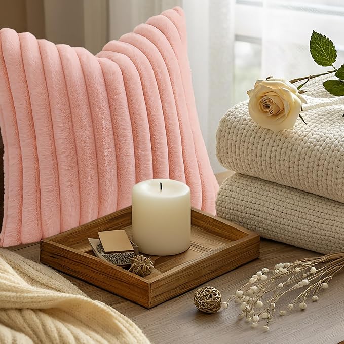 decorUhome Fall Faux Fur Throw Pillow Covers 22x22 Set of 2 Blush Pink | Decorative Soft Cozy Striped Plush Modern Farmhouse Boho Couch Pillow Cases Velvet Back for Sofa Bed Living Room Home Decor