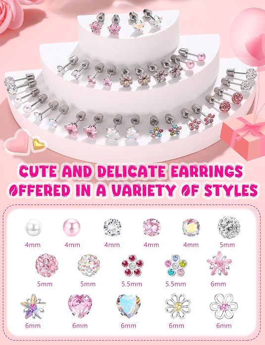 THUNARAZ 16 Pairs Hypoallergenic Earrings for Girls Kids Women Surgical Stainless Steel Earrings for Sensitive Ears Cute Flower Heart Ball Toddler Screw Back Stud Earring Flat Back Earring Set 20G