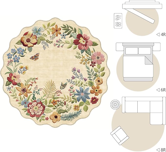 FMFUNCTEX 6ft Round Washable Beige Boho Scalloped Area Rug for Living Room | Floral Vintage Flower Colorful Traditional Soft Cream Large Non Slip Low Pile Circle Rug Neutral Dining Room Bedroom Nursery