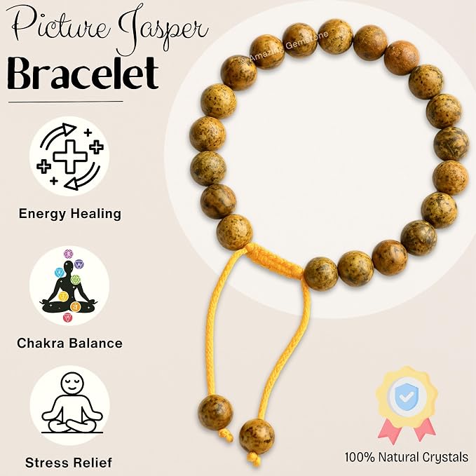 Amazing Gemstone Picture Jasper Bracelet for Women Men's Gifts - Protection Healing Crystal Bracelet - 8mm Beaded Adjustable Bracelet Pulseras para Hombres Mujer Stocking Stuffers