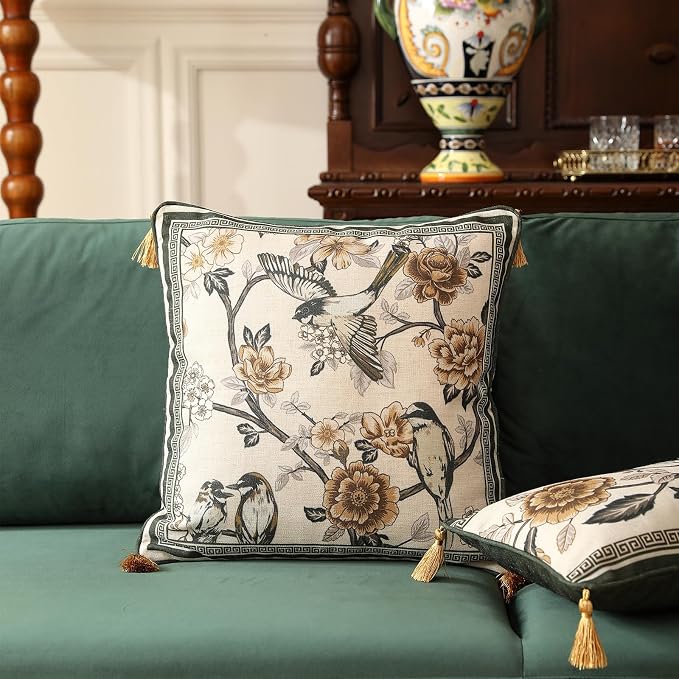 ISAENNE Vintage Elegant Linen Square Throw Pillow Cover,18"x18"-Murad A | Designer French Decor Pillow Cover,Concealed Zipper Design,Floral and Bird Pattern,Sofa,Bedroom,Living Room,Lounge Chairs