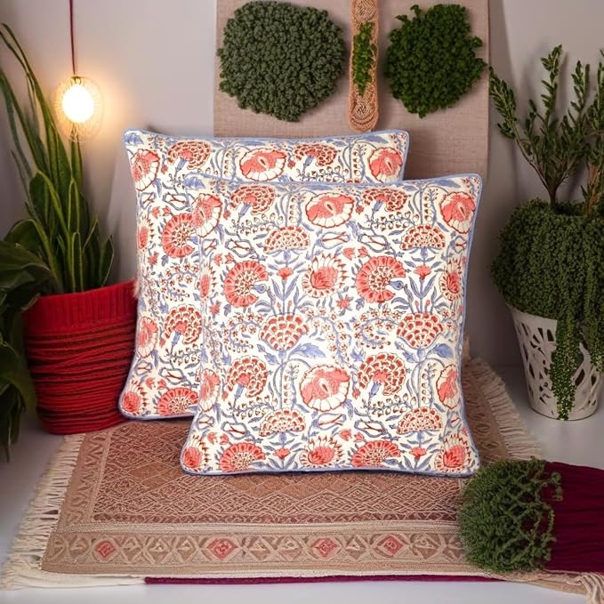 Ridhi Block Print Flamingo Pink Pillow Cover 20" x 20" (Pack of 2) Decorative Couch Pillows for Living Room, Farmhouse Chic Boho Cute Outdoor Pillows Covers Gifts for Spring, Mother's Day