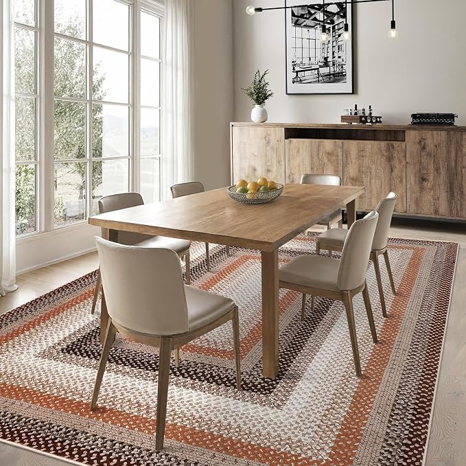RUGSREAL Modern Rug for Entryway 3x5 Braided Machine Washable Living Room Rug Non Slip Small Dining Room Throw Carpet Stain Resistant Farmhouse Rustic Area Rug for Bedroom Kitchen, Brown/Rust