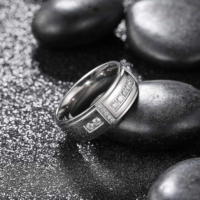 King Will Men's Titanium Wedding Band - 8mm Polished Band with Step Edges and Cross Design Featuring White Zirconia Insets Comfort Fit Size 7-14