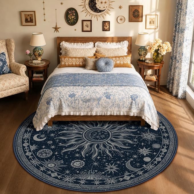 Vacuum-Friendly, Round 8ft Washable Area Rug, Blue Gray White | Sun and Moon Boho Gothic Non-Slip Low Pile Living Roon Bedroom Dining Room Kitchen Entry Entryway Entrance Hallway Doormat
