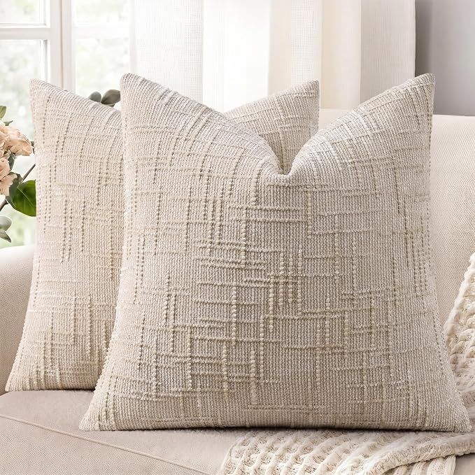 decorUhome Textured Chenille Throw Pillow Covers 20x20 Set of 2 Ivory | Fall Modern Farmhouse Soft Cozy Slubby Couch Pillow Cases Boho Decorative Pillow Cases for Bed Sofa Living Room Home Decor