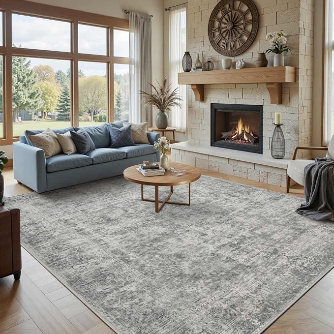 Rugxara Grey 8x10 Area Rugs for Living Room Bedroom Large Washable Rug | Non Slip, Rug for Dining Room Office Kids Room, Stain Resistant, Soft, Low Pile, Vintage Boho Retro Carpet,Home Decor