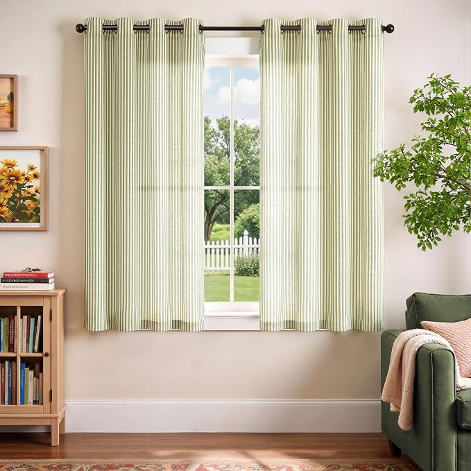 Vangao Linen Striped Curtains for Living Room Bedroom Farmhouse Tickingstripe Light Filtering Window Curtains Printed Drapes Grommet Top 2 Panels Green W50 x L63 Inch
