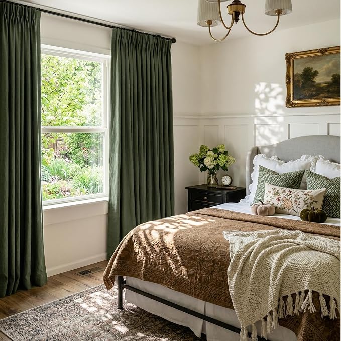 CAPALOCA Loden Green Linen Pinch Pleated Curtains Blackout, 100% Black Out Curtains 90 inch Long for Bedroom, Blackout Thermal Insulated Pinch Pleated Drapes for Living Room, 60" W x 90" L, 1 Panel