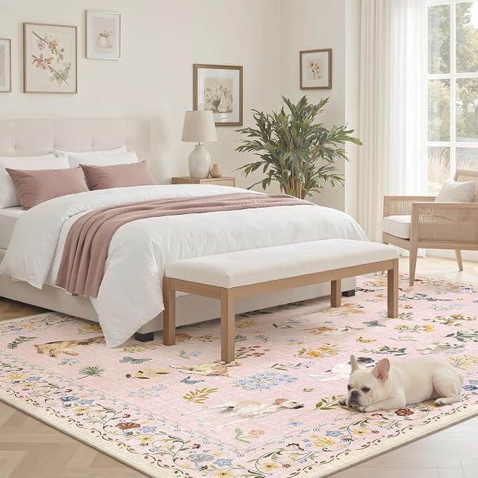 Soalmost Dog 5x7 Pink Area Rugs for Baby Girl Nursery, Washable Soft Rug | Floral Vintage Non-Slip Low Pile Cute Throw Rugs for Living Room Kitchen Dining Room Bedroom Nursery Playroom 5' x 7'