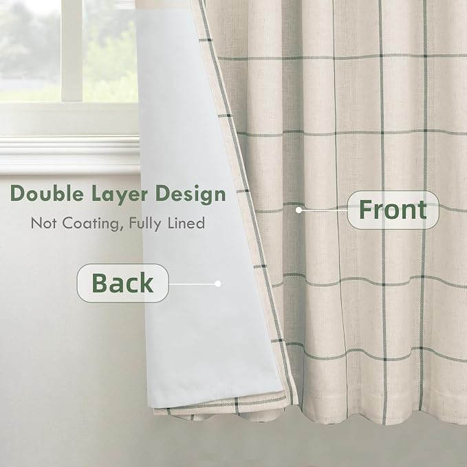 DriftAway 100% Blackout Plaid Linen Curtains W52xL63 Loden Green | 100% Blackout, Linen Texture, Plaid Pattern, Two Layers, Rod Pocket & Back Tab, Bedroom Living Room Use, Luxury Appearance