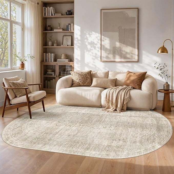Nakagishi Oval Rugs for Bedroom: Machine Washable Area Rug 6x9, Non-Slip Carpet for Living Room, Playroom, Nursery, Ding Room, Boho Rug Low Pile Non-Slip & Stain Resistant