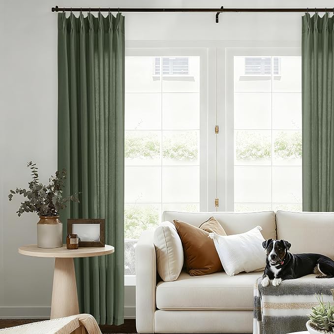 Olive Green Pinch Pleated Linen Curtains 108 Inches Long Semi Sheer | Light Filtering, Ceiling to Floor, Pinch Pleat Drapes, 108 Inch Length, for Living Room Bedroom, With Hooks Rings, 1 Panel
