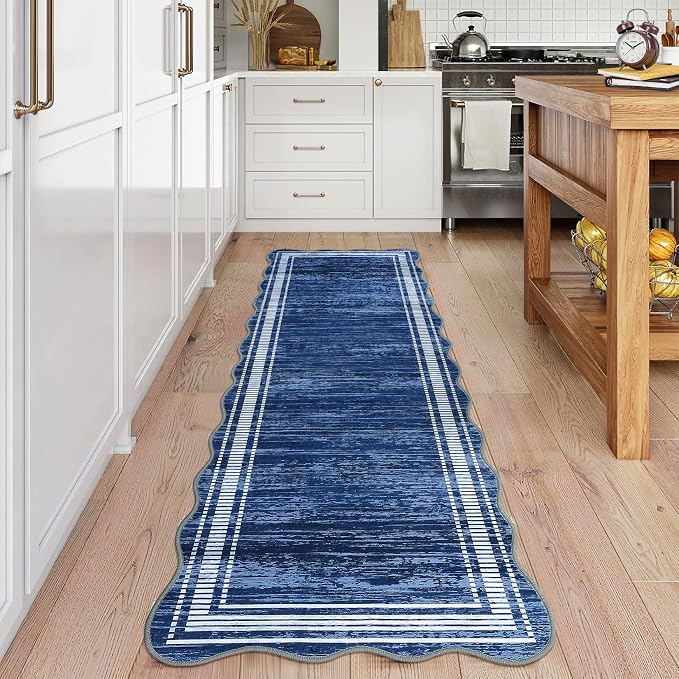 Garvee Scalloped Washable Runner Rugs for Hallway 2x6 Kitchen Runner Rug, Non Sip Bathroom Soft Rug Runner, Low Pile Modern Abstract Scalloped Indoor Carpet for Entryway Laundry Room Foyer, Navy Blue