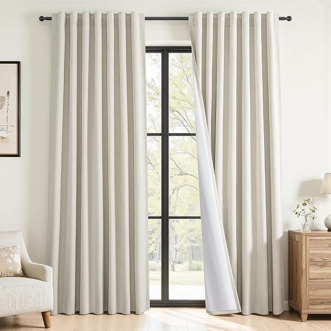 Topfinel 84 Inch Long Natural Linen Blackout Linen Curtains, 100% Blackout Light Blocking Pinch Pleated Back Tab Panels for Sliding Door, Minimalist Viral Drapes for Living Room, Cream Beige 52"W*84"L