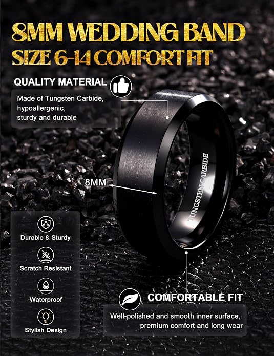 Jstyle Tungsten Mens Wedding Band 8MM Wedding Ring for Men Matte Surface - Beveled Polished Edge Anniversary Promise Rings, Men Ring Jewelry Comfort Fit Size 6-14
