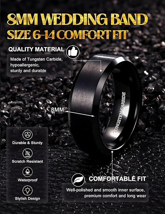 Jstyle Tungsten Mens Wedding Band 8MM Wedding Ring for Men Matte Surface - Beveled Polished Edge Anniversary Promise Rings, Men Ring Jewelry Comfort Fit Size 6-14