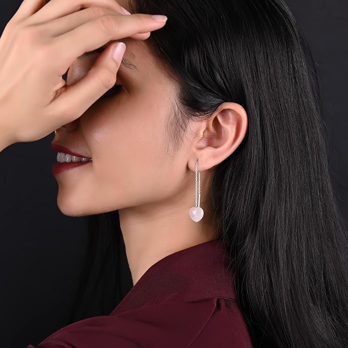 Gemstone Heart Shaped Threader Earrings in 925 Sterling Silver, Pull Through Adjustable, Versatile & Trendy, Perfect Valentine's Gift for Women, Choice of Gemstone Available