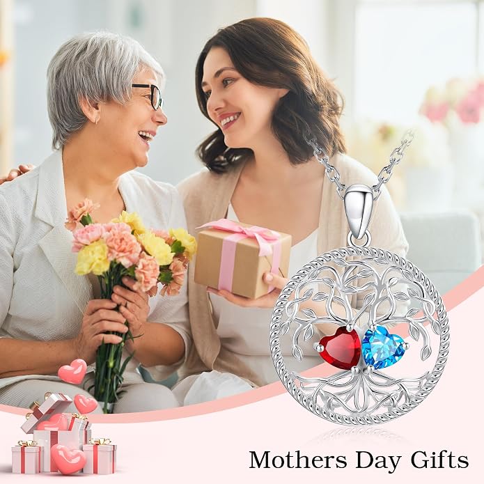 Mothers Day Gifts for Women，925 Sterling Silver Family Tree of Life Pendant Necklaces with 2 Heart Birthstone Jewelry Birthday Anniversary Christmas Gifts for Her Girlfriend Mom Wife Grandma Daughter
