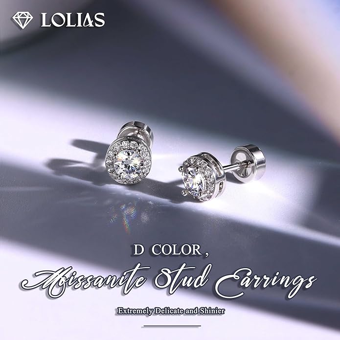 Moissanite Stud Earrings with Flat Back - 925 Sterling Silver D Color VVS1 Moissanite Earring for Women Men,14K White Gold Plated Brilliant Halo Stud Earrings Hypoallergenic Jewelry for Sensitive Ear