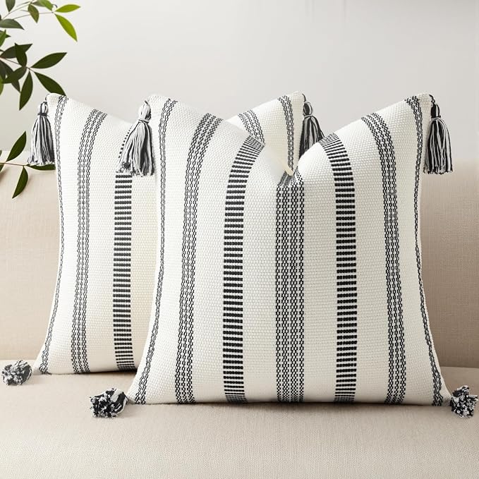 Smile Bee Boho Outdoor Couch Throw Pillow Covers Set of 2, Decorative Thick Woven Striped Accent Neutral Pillow Covers with Tassels for Bed Sofa Home Decor, 18x18 Inch, Black and Cream White | Woven Cozy Boho Decorative Modern Farmhouse Accent Pillow C...