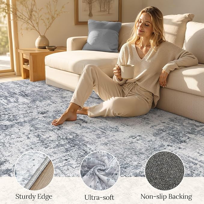 cotiled Washable Area Rug 7x9, Non-Slip Soft Neutral Rug for Living Room | Modern Abstract Carpet, Stain Resistant and Kid & Pet Friendly, Ideal For Bedroom, Dining Room, Nursery, Office - Blue/Gery