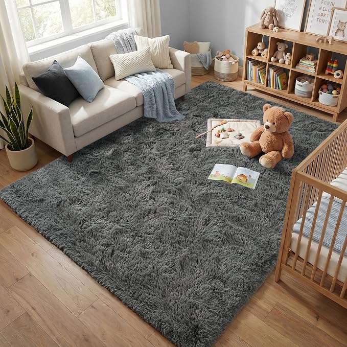 Fluffy Rugs for Living Room: Smoky Gray Shag Rug for Bedroom, Large Fuzzy Plush Indoor Carpet Non Slip Modern Rug for Nursery Kids Room Dorms Office Home Decor, 9x11 Feet