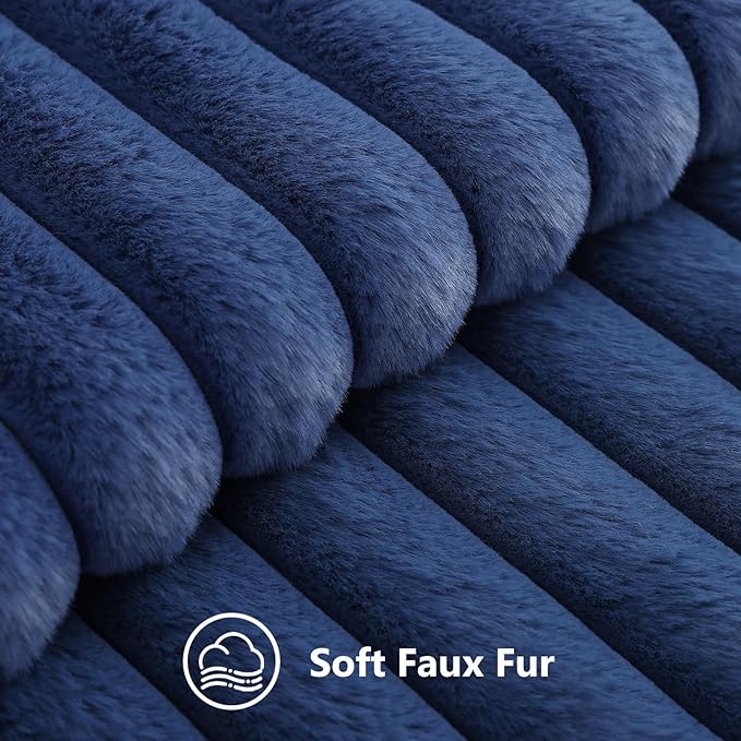 decorUhome Fall Faux Fur Throw Pillow Covers 24x24 Set of 2 Navy Blue | Decorative Soft Cozy Striped Plush Modern Farmhouse Boho Couch Pillow Cases Velvet Back for Sofa Bed Living Room Home Decor