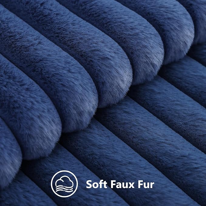decorUhome Fall Faux Fur Throw Pillow Covers 12x12 Set of 2 Navy Blue | Decorative Soft Cozy Striped Plush Modern Farmhouse Boho Couch Pillow Cases Velvet Back for Sofa Bed Living Room Home Decor