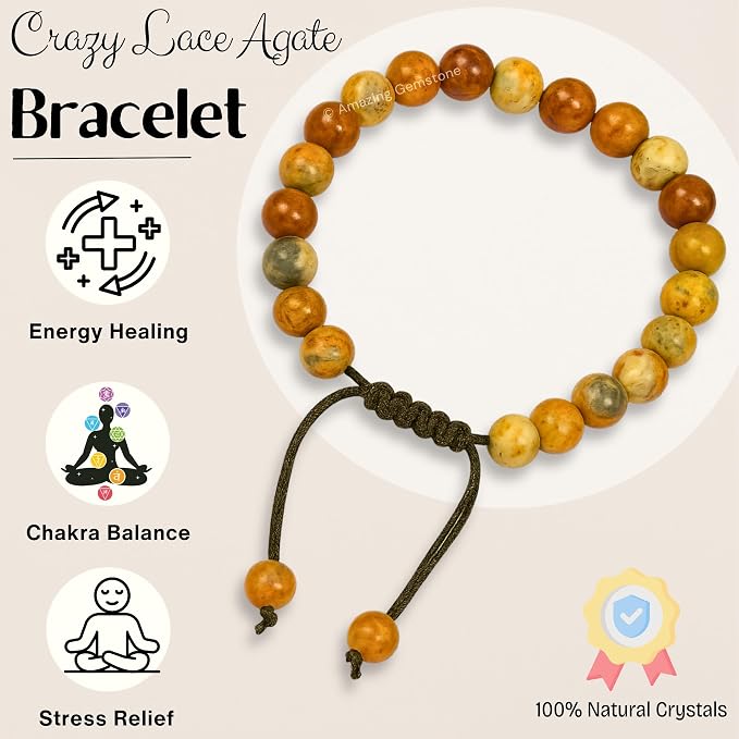 Amazing Gemstone Crazy Lace Agate Bracelet, Gifts for Men & Women - Protection Healing Crystal Bracelet - 8mm Gemstone Beaded Adjustable Bracelet, Pulseras para Hombres Mujer Stocking Stuffers