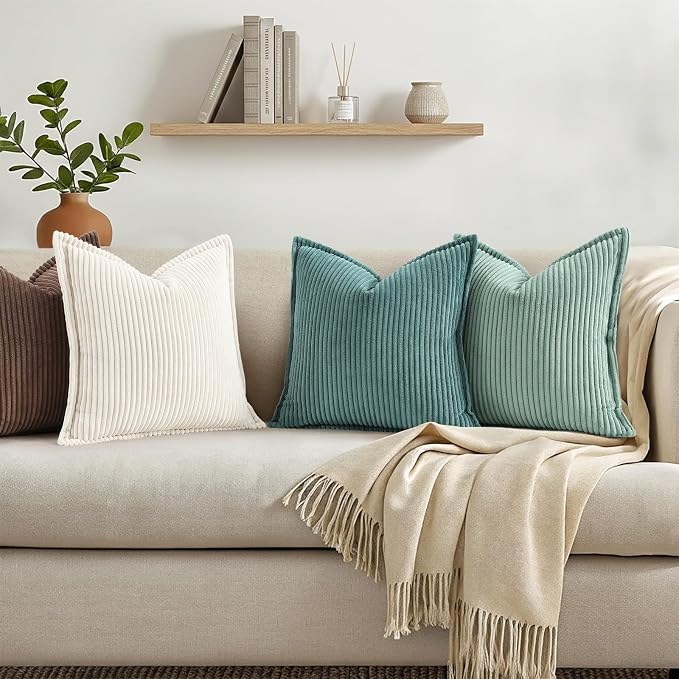 decorUhome Fall Corduroy Teal Throw Pillow Covers 18x18 Set of 2 | Couch Decorative Soft Modern Boho Farmhouse Pillow Covers Broadside Striped Pillow Cases for Living Room Bed Sofa