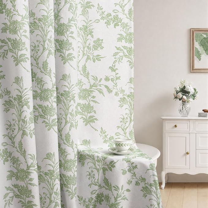 Sage Green Floral 100% Blackout Curtains for Bedroom 84 Inch Length 2 Panels Set, Farmhouse Curtains for Living Room