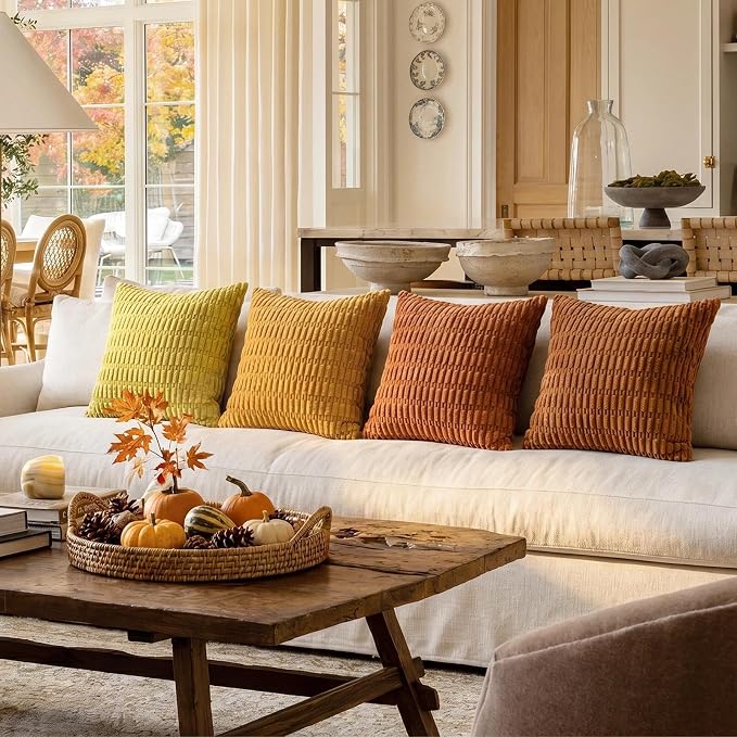 Softalker Fall Throw Pillow Covers 22x22 Inch, Set of 4, Corduroy Soft Striped Farmhouse Boho Pillow Cover, Modern Farmhouse Boho Autumn Home Decor for Living Room Bed Sofa, Orange/Rust