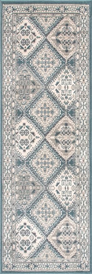 Nuloom Becca Blue/Ivory, 2'6" x 6', Traditional Tiled, Soft and Cozy, High Traffic, Stain Resistant, Easy Clean, Durable Runner for Bedroom, Living Room, Dining Space, Den, Foyer, Entryway