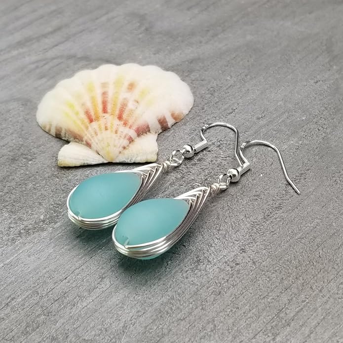 Handmade Sea Glass Earrings, Hawaiian Jewelry, Wire Braided Earrings Teardrop Earrings, Beach Jewelry Sea Glass Jewelry For Women Birthday Gift